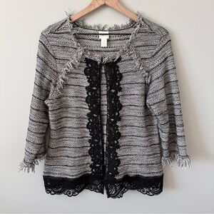 Chico’s Fringe Lace Wool Blend Cardigan Jacket Size 2 L Black & White Office